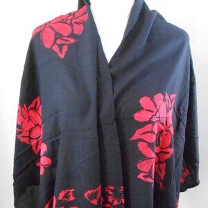 Young Fashion Black And Red Floral Scarf Wrap With Fringe 62" x 42"